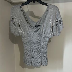 XOXO Gray Ruched V-Neck Short Sleeve Top with Cutout Sleeve Detail